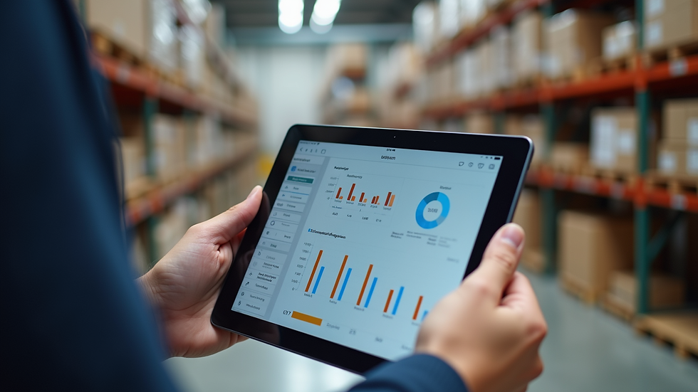 Close-up view of a tablet showing inventory management software in a warehouse