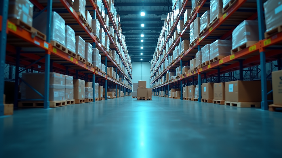 Eye-level view of a modern warehouse with digital inventory screens