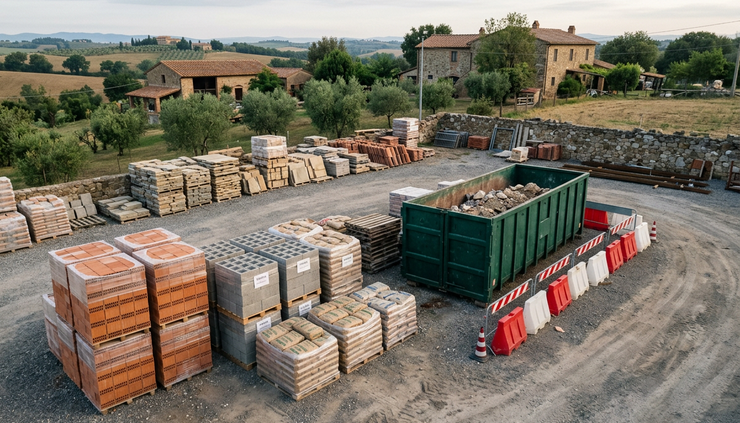 Vista dall'alto di un piazzale edile con scarrabile e materiali ordinati