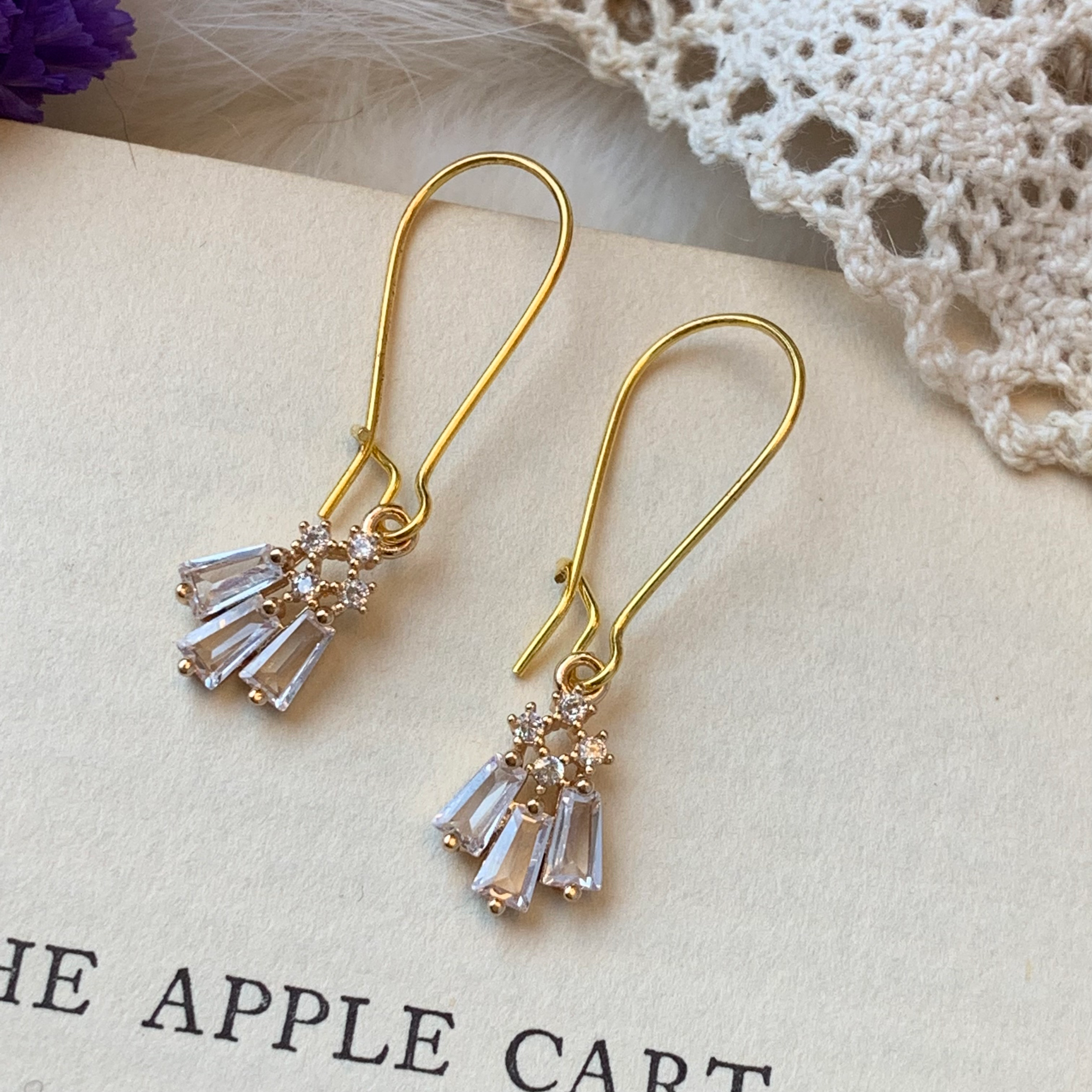 Art Deco Earrings, Art Nouveau, Baguette Rectangle Zirconia Diamond Drop Earring