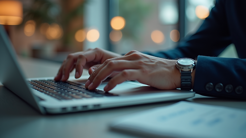 Close-up view of a person using a laptop to engage with HR technology