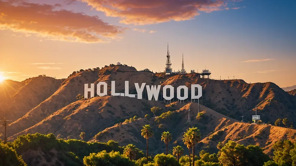 Eye-level view of the iconic Hollywood sign at sunset