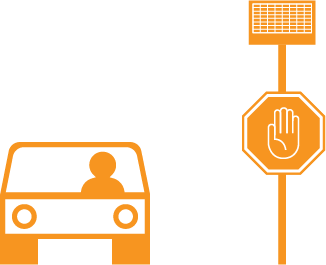 Graphic of car driving past caution sign