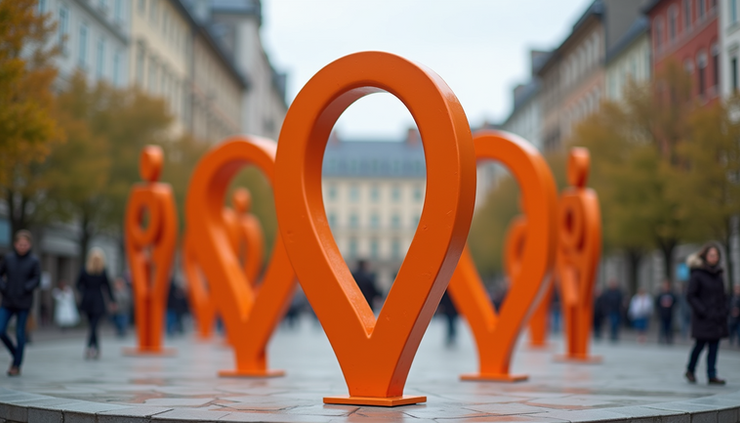 Eye-level view of a peaceful public square with a large orange ribbon sculpture symbolizing the fight against violence towards women