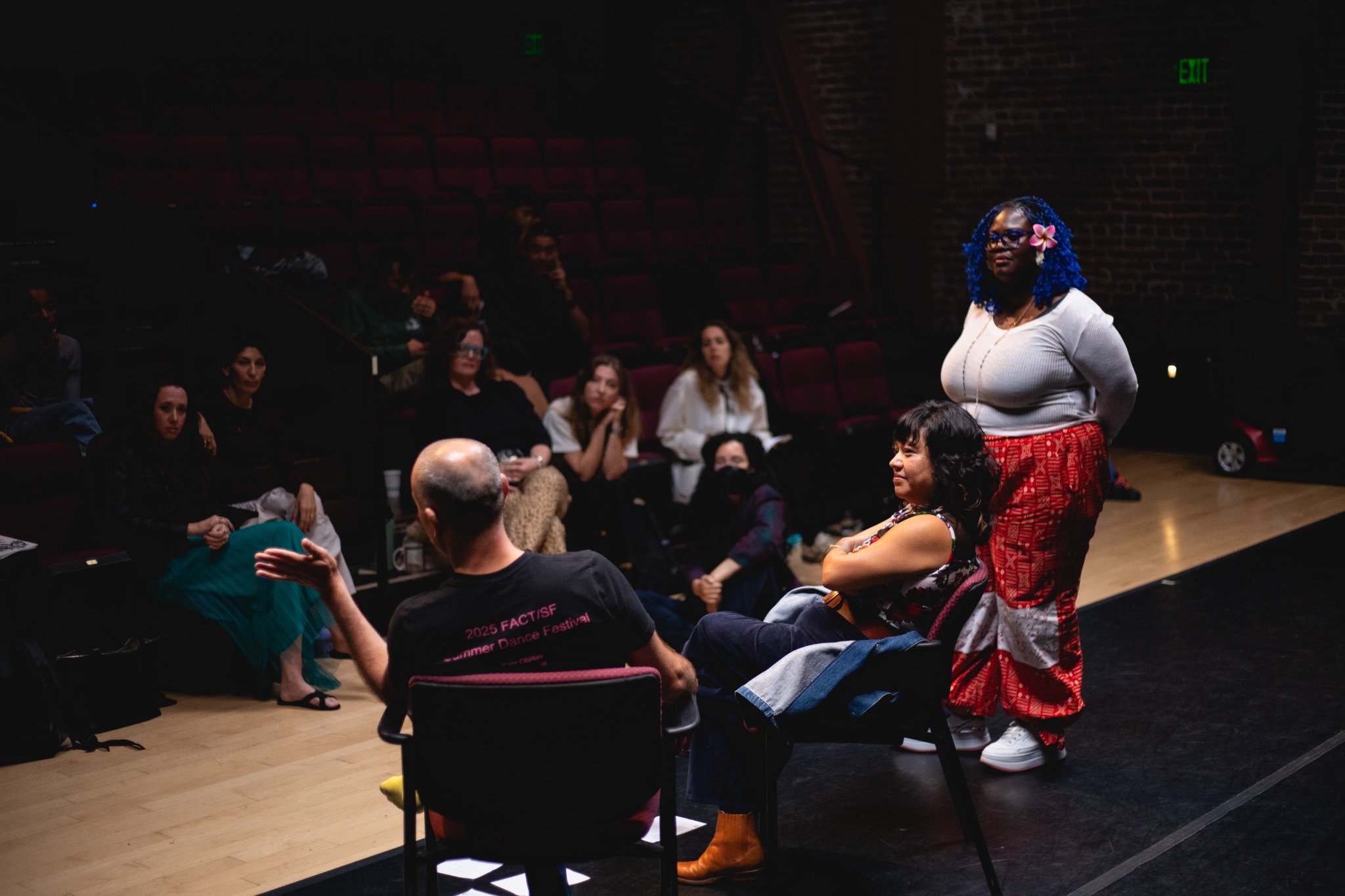 Rita facilitating a seated group discussion in a theatre