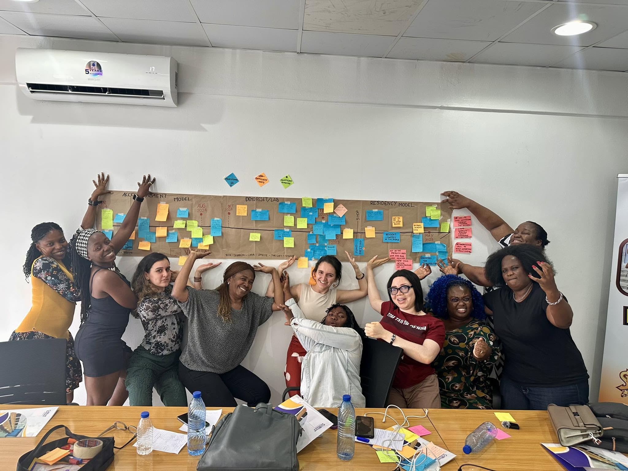 A workshop group celebrating together beside a wall of colourful notes
