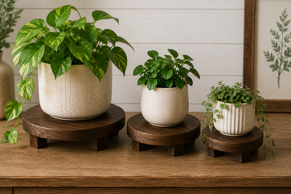 Handmade wooden plant risers in three sizes with potted houseplants