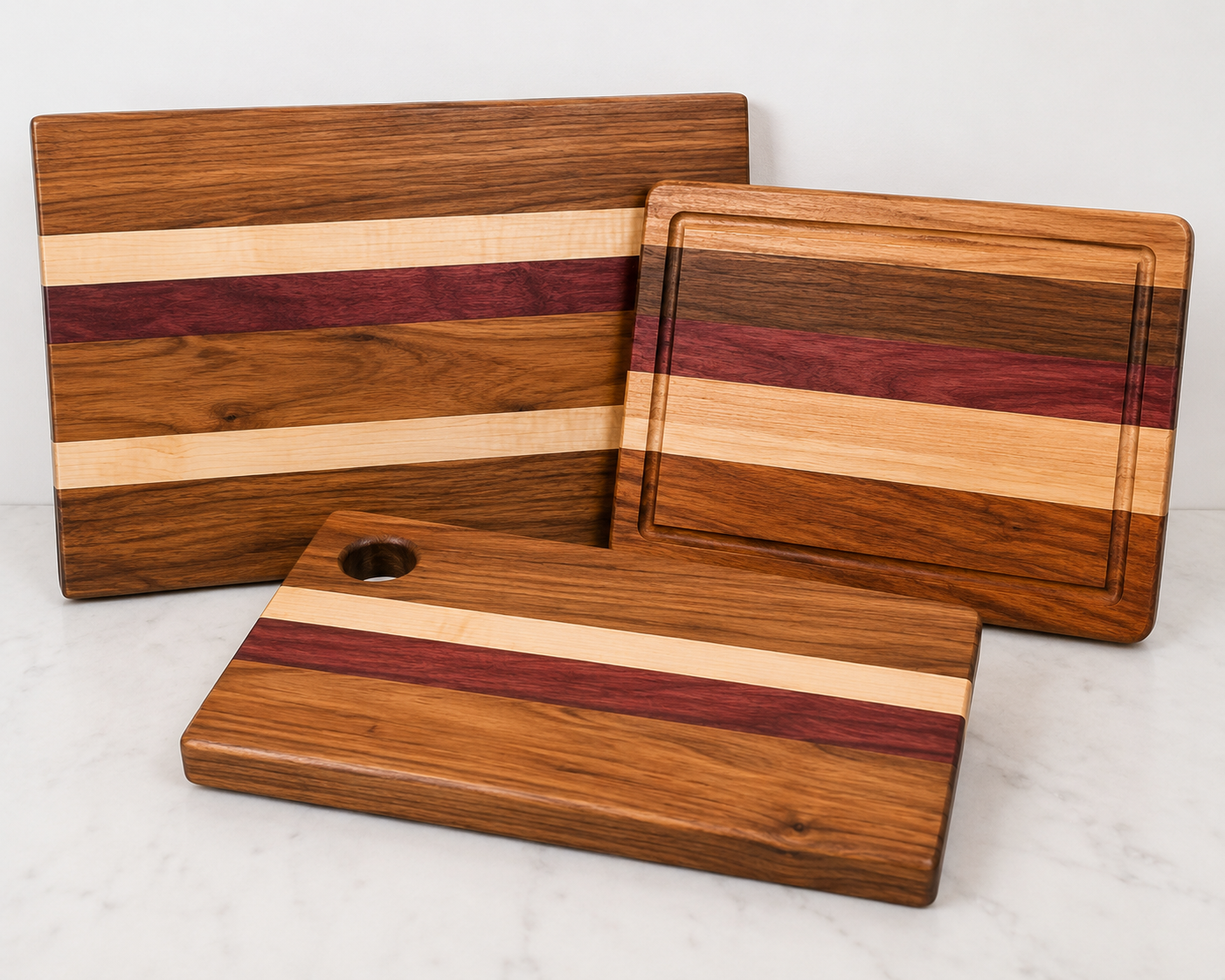 Handcrafted solid hardwood cutting and serving boards with contrasting natural wood grain