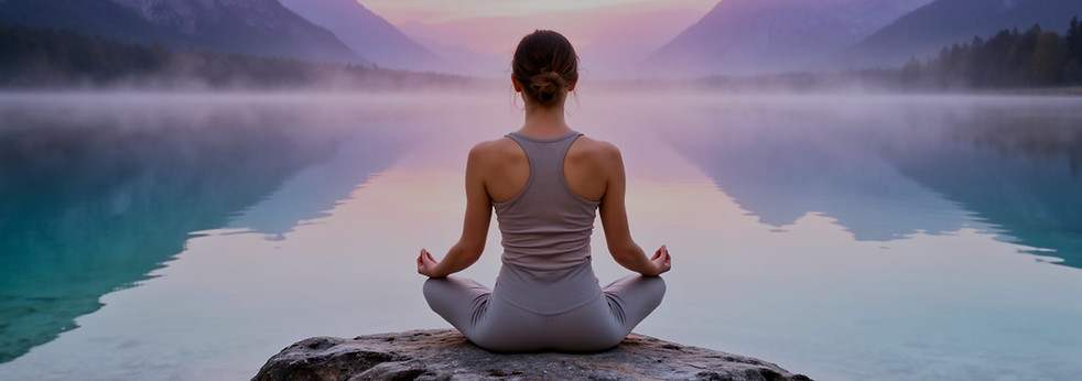 Mujer sentada meditando frente a un lago rodeado por las montañas al amanecer
