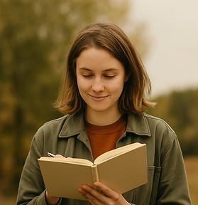 Donna adulta che legge un libro mentre cammina in un parco all'aria aperta. E' concentrata sulla lettura