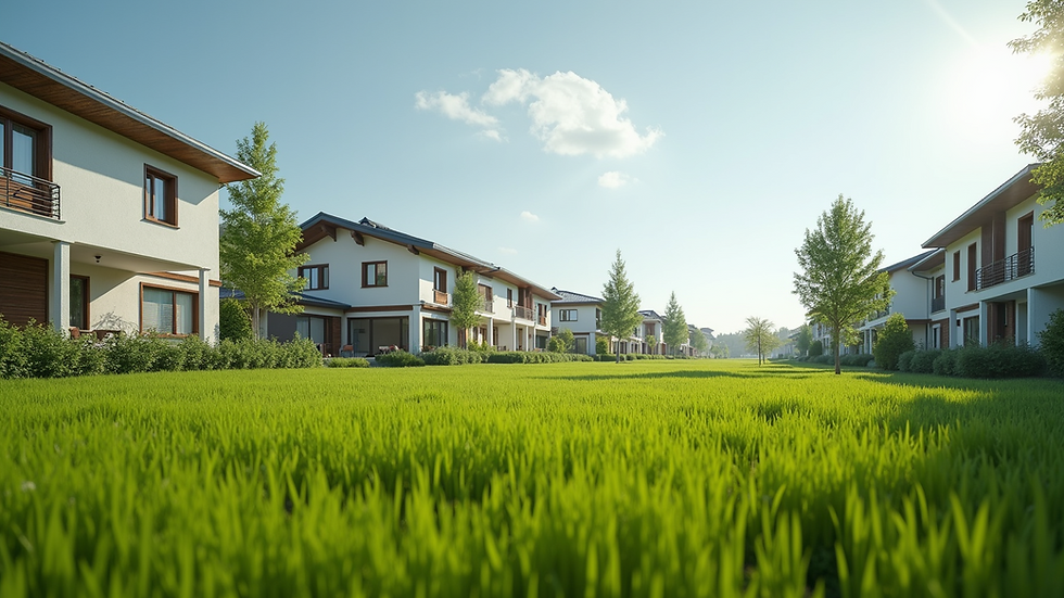 Eye-level view of a green landscape surrounding modern townhouses