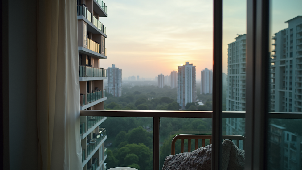 Close-up view of a residential apartment balcony overlooking Gurgaon cityscape