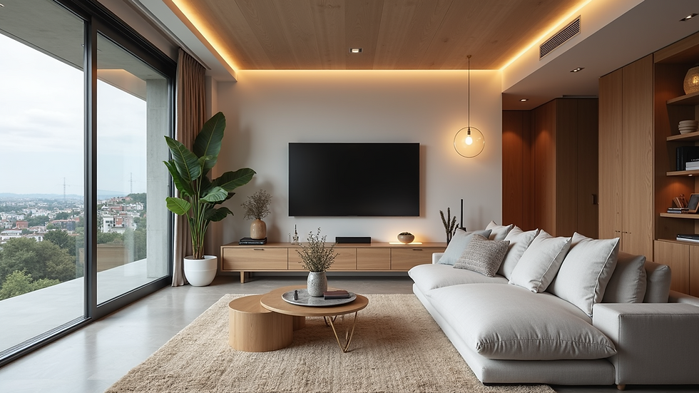 Wide angle view of a modern smart home featuring tech amenities