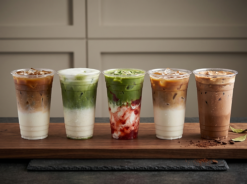 Five distinct layered iced beverages on a wooden board