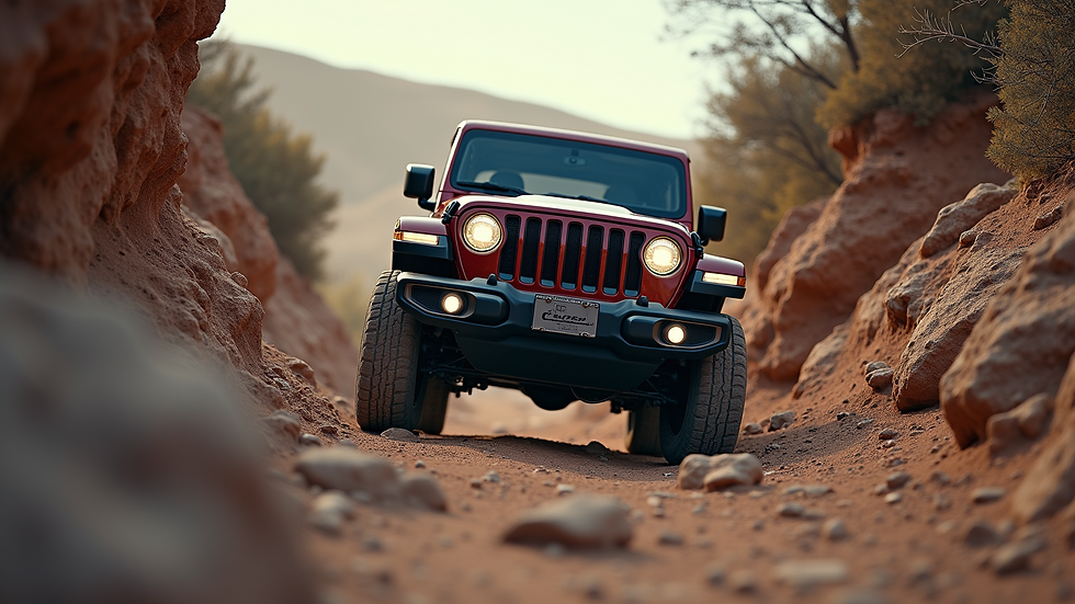 Eye-level view of a Jeep Wrangler navigating rocky terrain