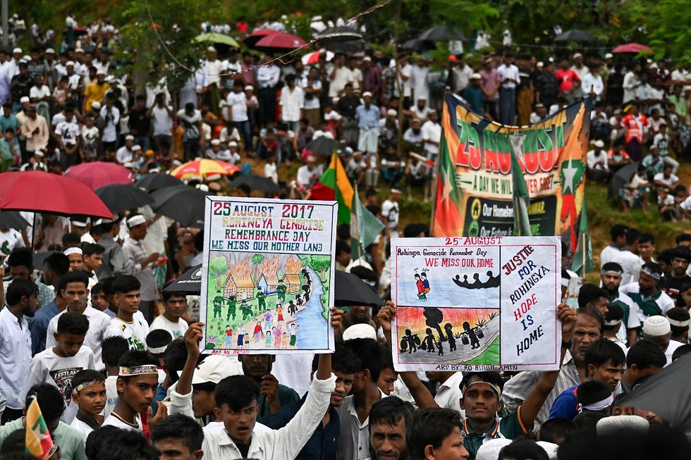 Rohingya gather to take part in a protest rally inside a refugee camp to mark the ninth-year anniversary of their exodus, in Cox's Bazar, Bangladesh, on Aug. 25, 2026. (Credit: Reuters)