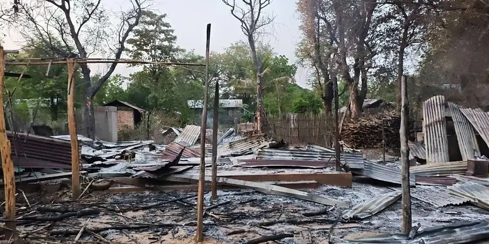 Homes reduced to ash after regime forces torched Wetpoke village in Myaing Township, Magwe Region on June 4, 2026./Chit Thaw Anyar Myay