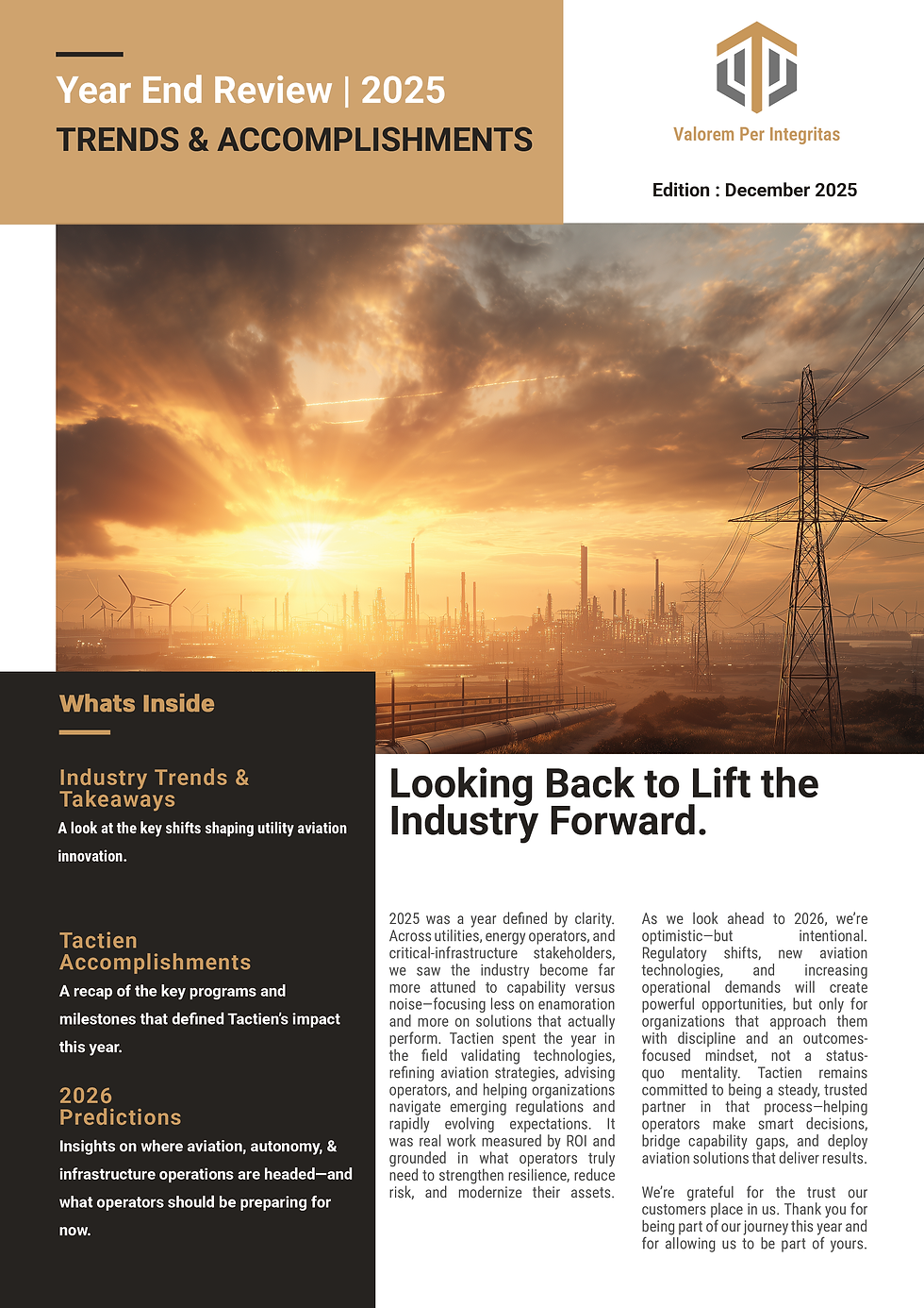 Tactien 2025 Year-End Review highlighting utility aviation trends, UAS advancements, and critical infrastructure insights.