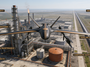 Aerial view of a fixed-wing VTOL inspection drone banking over an oil refinery where a pipeline runs to the horizon, with eight labeled callouts marking the departments that share the aircraft: Asset Integrity, Refinery Operations, Operations and Maintenance, Capital Projects, Environmental, Real Estate, Pipeline Maintenance, and Corporate Safety and Security.