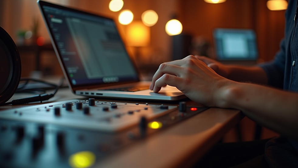 Close-up view of a music collaboration session with a laptop and guitar