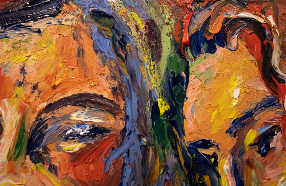 A detail of an oil painting done in an expressionistic style of two women holding coffee cups and laughing