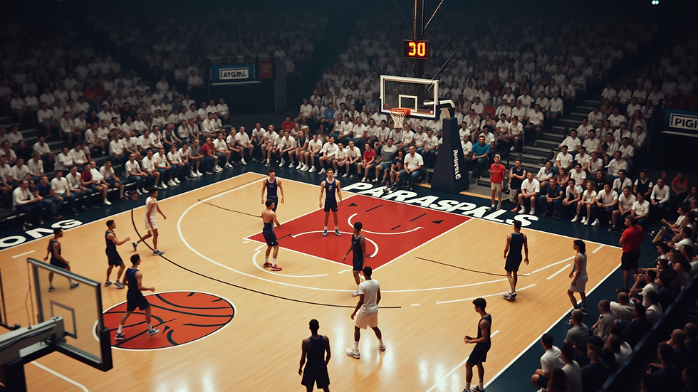 High angle view of a basketball game in progress with players competing intensely