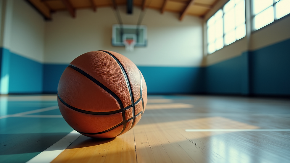 Close-up view of basketball and sneakers on gym floor