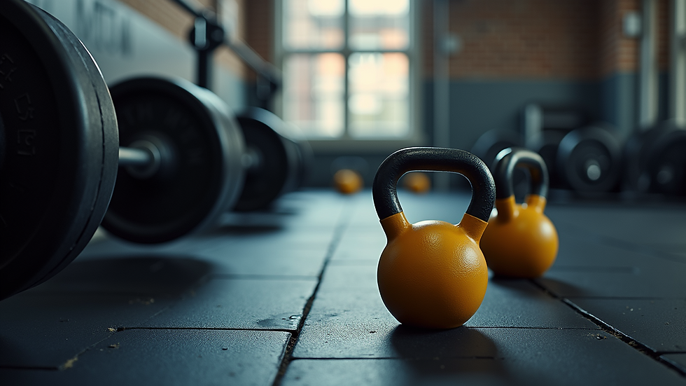 High angle view of a gym setup with weights and kettlebells