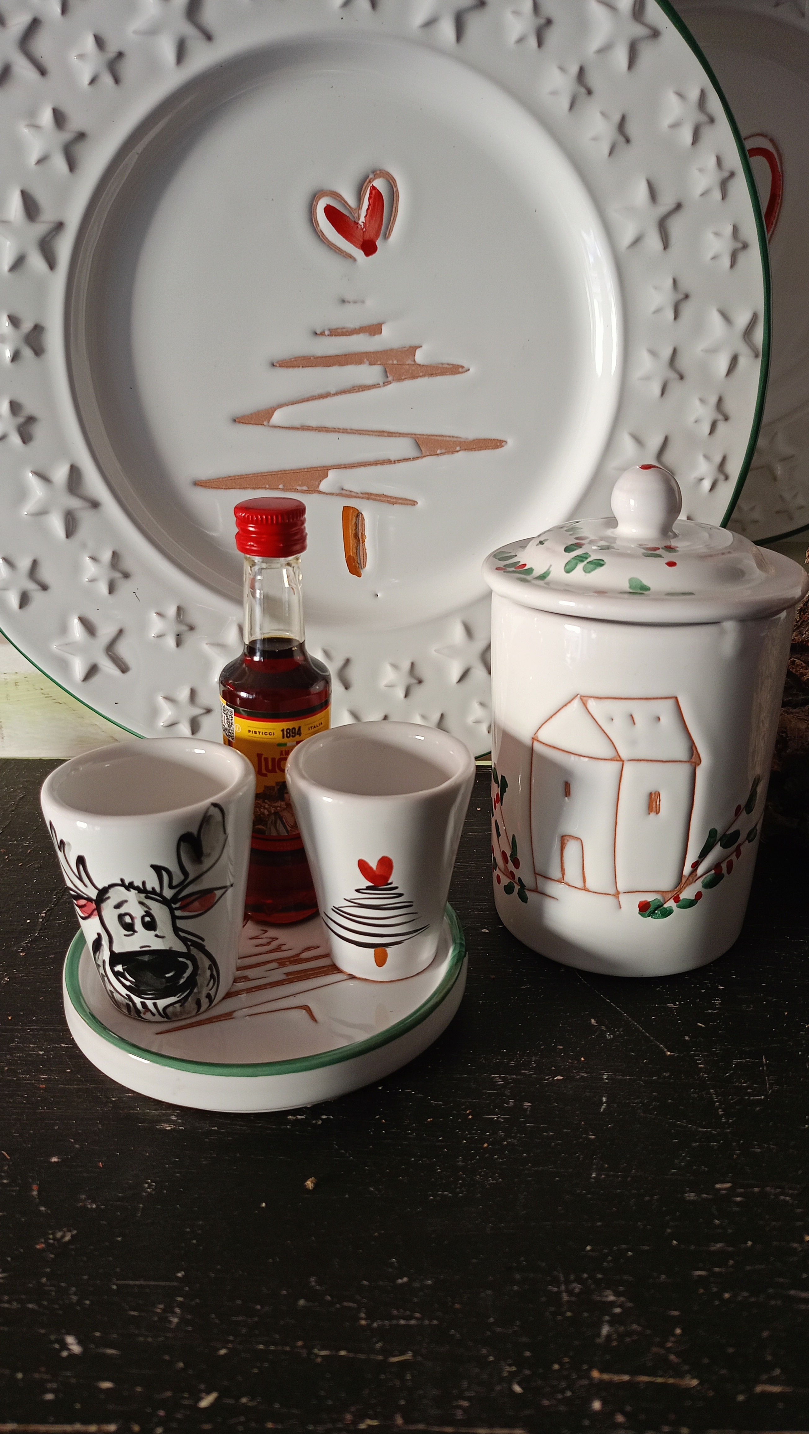 Set liquore: sottobottiglia e 2 bicchierini renna e albero 