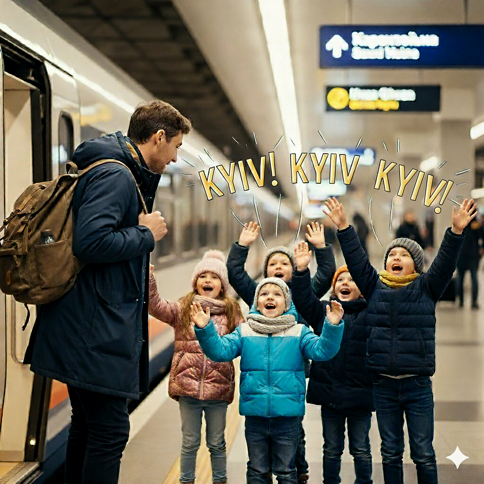 Man with backpack and five joyful kids at a train station. Kids cheer "Kiev! Kiev! Kiev!" Signs in background. Warm coats, winter vibe.