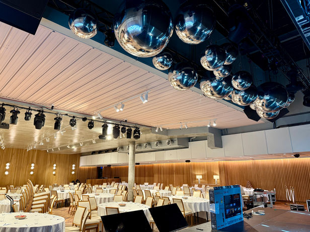 Silver orb set 2x hanging from the ceiling at Cloudland Brisbane (Rose Room)