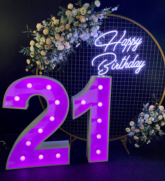 21 light up numbers set to purple with our gold circular mesh stand, 'Happy Birthday' neon sign and autumn faux florals for birthday party backdrop hire
