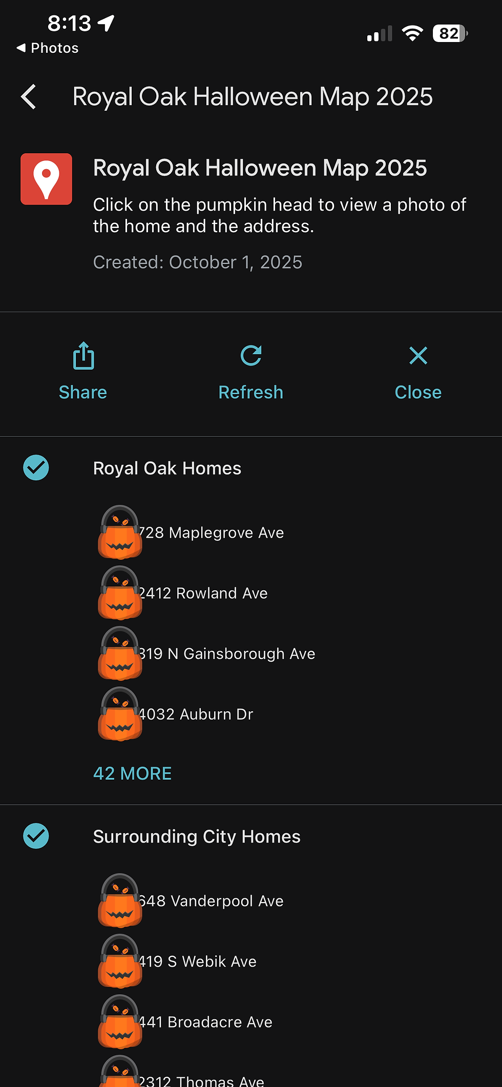 Tap the legend to view a full list of homes and addresses