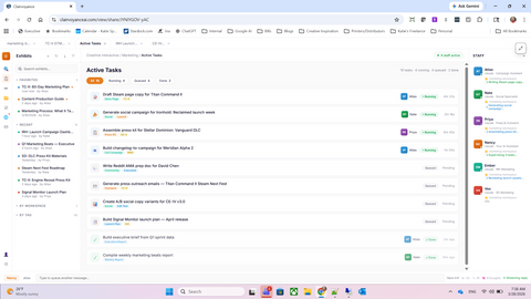 Clairvoyance AI workspace showing multiple marketing tasks running in parallel