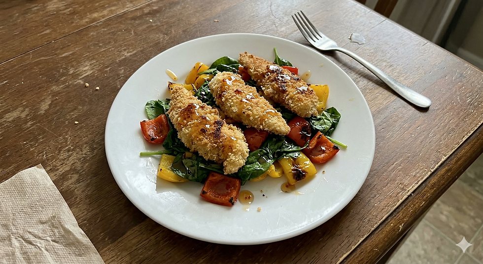 Air fryer chicken strips over spinach and roasted bell peppers with a drizzle of hot honey on a dinner plate