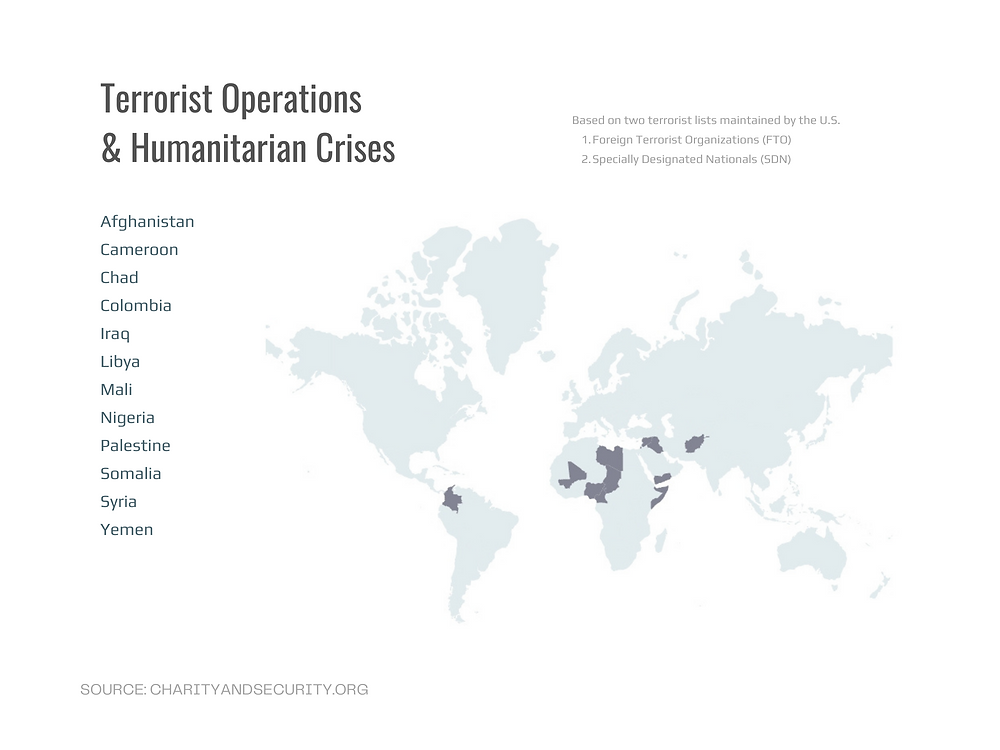 Map of countries with terrorist operations and humanitarian crises.
