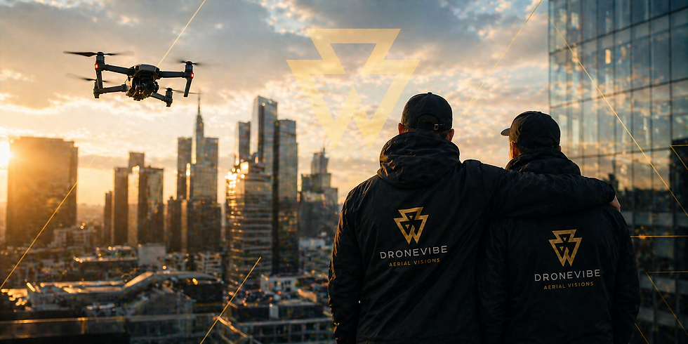 Drohnenaufnahmen Schweiz Team von DroneVibe mit Drohne über moderner Stadtlandschaft
