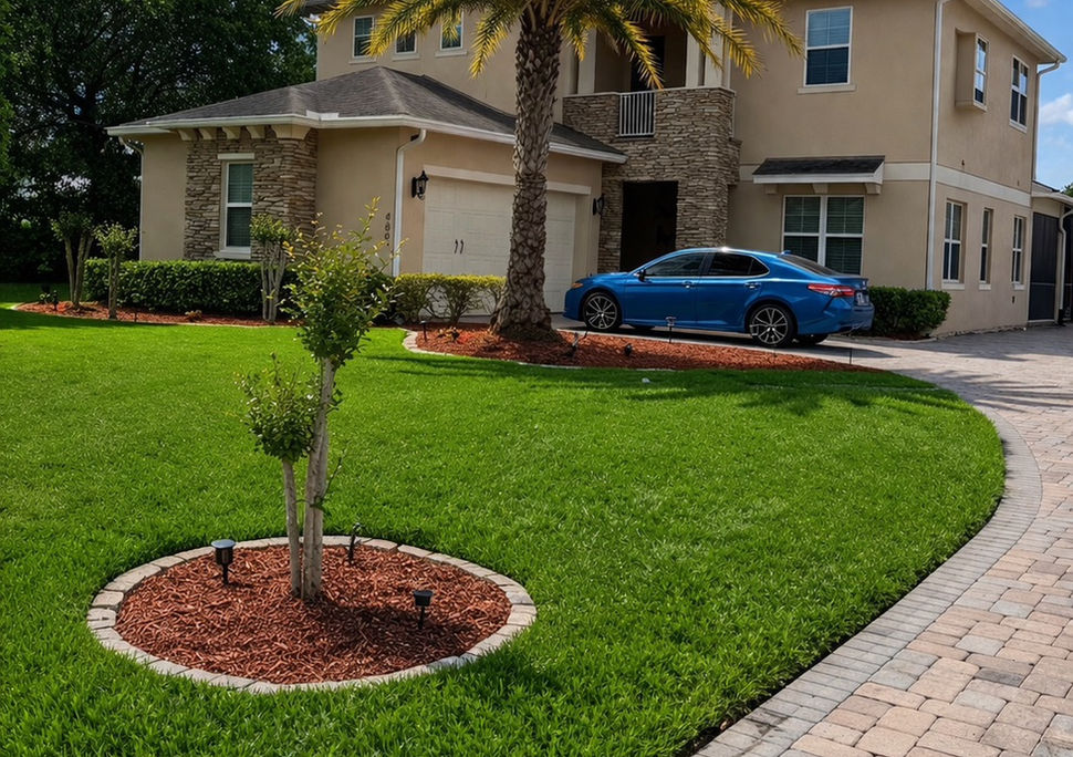 Sod, mulch, & palm trees.