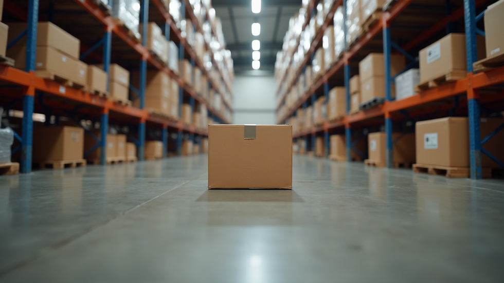 Eye-level view of a warehouse with organized shipping boxes