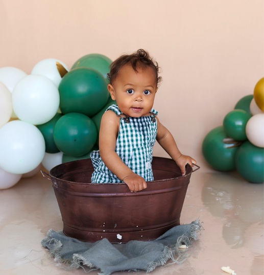Boy in rustic tub cake smash milestone portrait