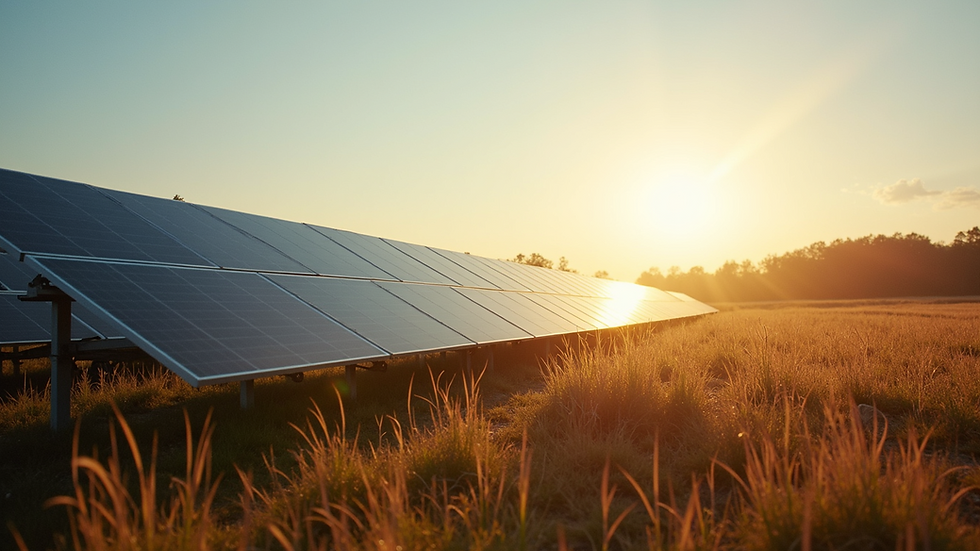 Wide angle view of solar panels absorbing sunlight in a rural setting