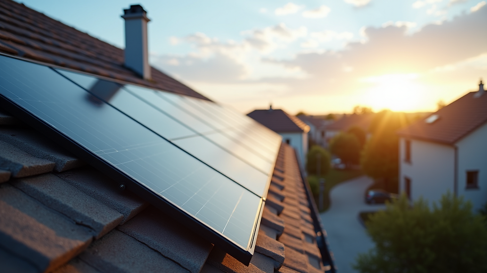 Wide angle view of a residential solar system installed on a rooftop