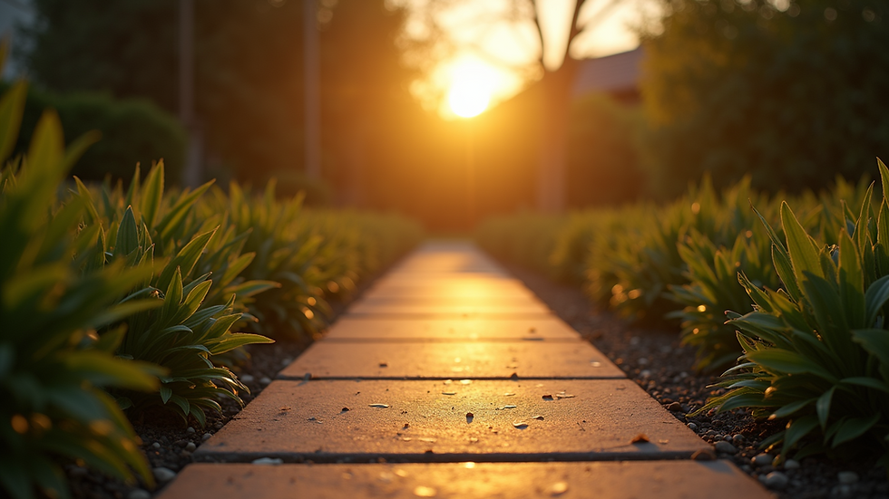 Eye-level view of a solar light illuminating a garden pathway