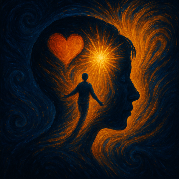 Una cabeza con un corazón y luz en la mente, simbolizando la conexión entre emoción y pensamiento.