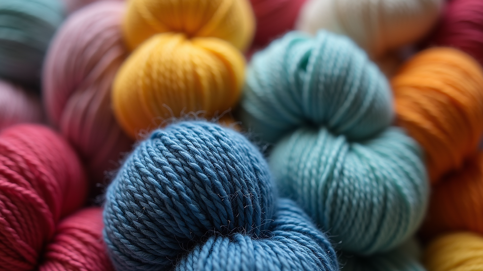 Close-up view of various yarn skeins in different colors and textures
