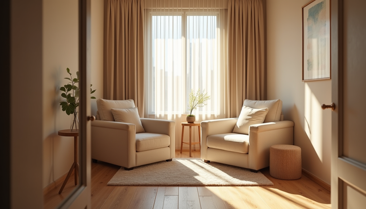 Eye-level view of a cozy therapy room with two chairs and soft lighting in Vancouver