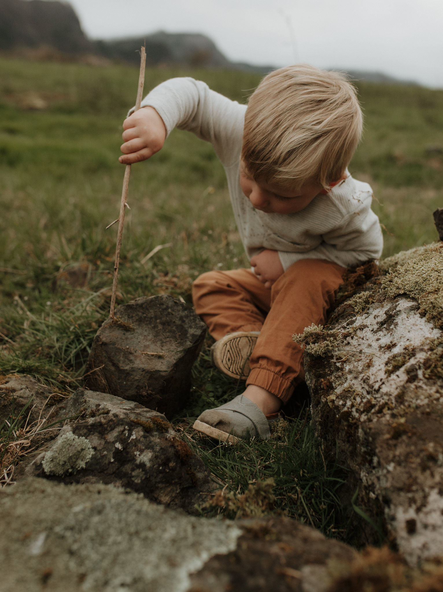 child plays and explores in the dirt during a photography session in the Columbia river gorge
