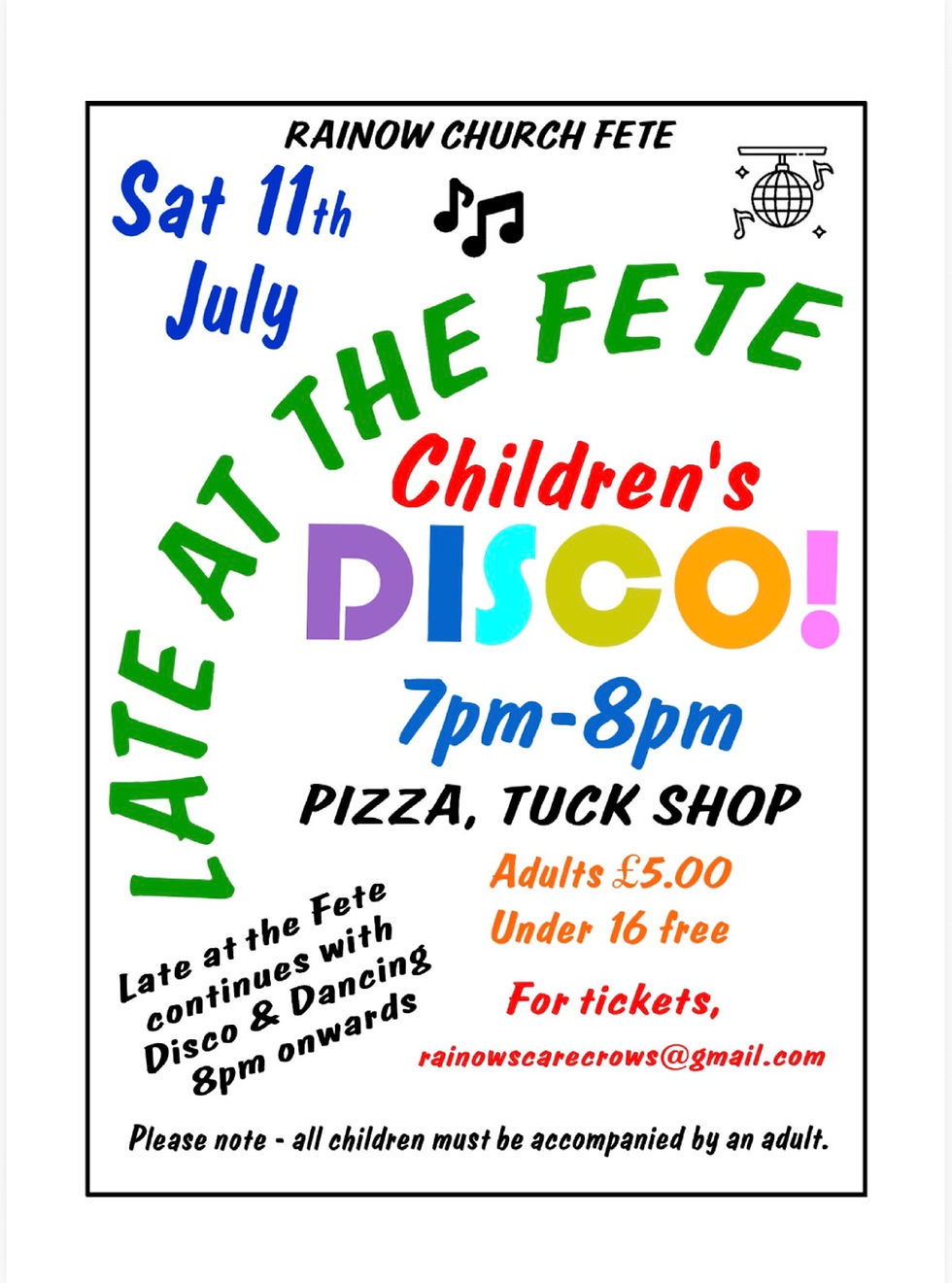 Come join us at the Children's Disco at Rainow Church Fete's Late at the Fete event! Saturday 11th July 7-8pm Adults £5 Under 16s free For tickets, email rainowscarecrows@gmail.com Pizza, tuck shop and refreshments available Please note - all children must be accompanied by an adult