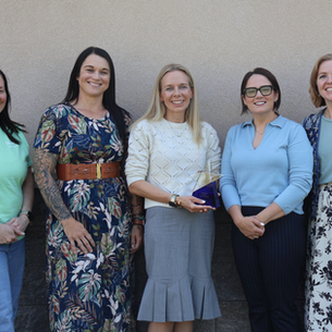 South Central Human Service Center (SCHSC) and City-County Health District (CCHD) teams celebrate Modlin's leadership. Pictured: Danielle Robbins, SCHSC Community Behavioral Health Liason; Ashley Zabkra, SCHSC Clinical Director; Chelsea Modlin, SCHSC Licensed Clinical Social Worker and Clinical Director; Katie Beyer, CCHD Administrator; Meghan Velure, CCHD RN, Program Coordinator.