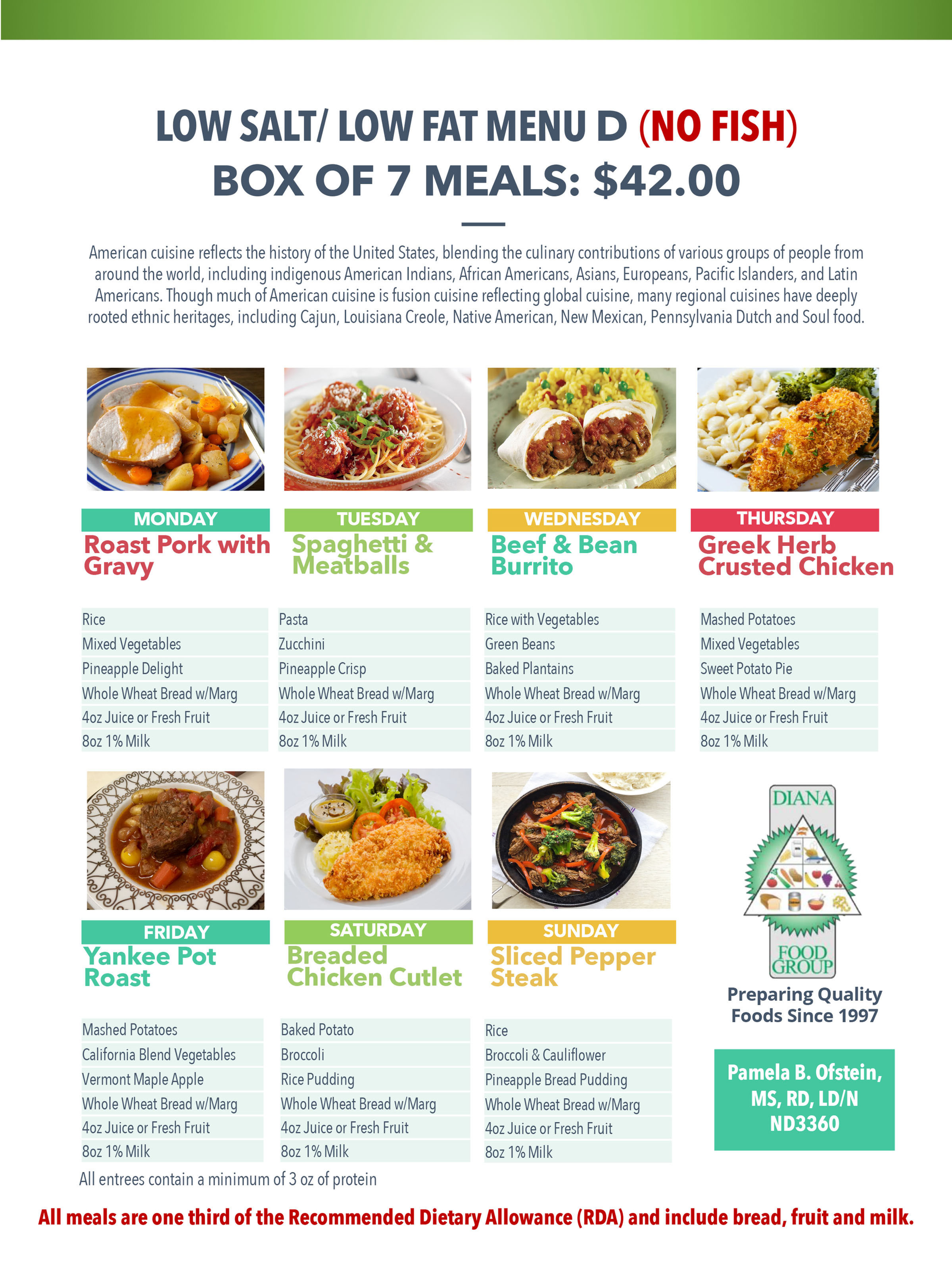 Low Fat / Low Salt Menu "D" (NO FISH)